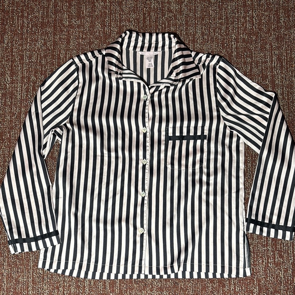Victoria's Secret Black and White Striped sleep shirt silky nighty blouse small - Picture 1 of 11